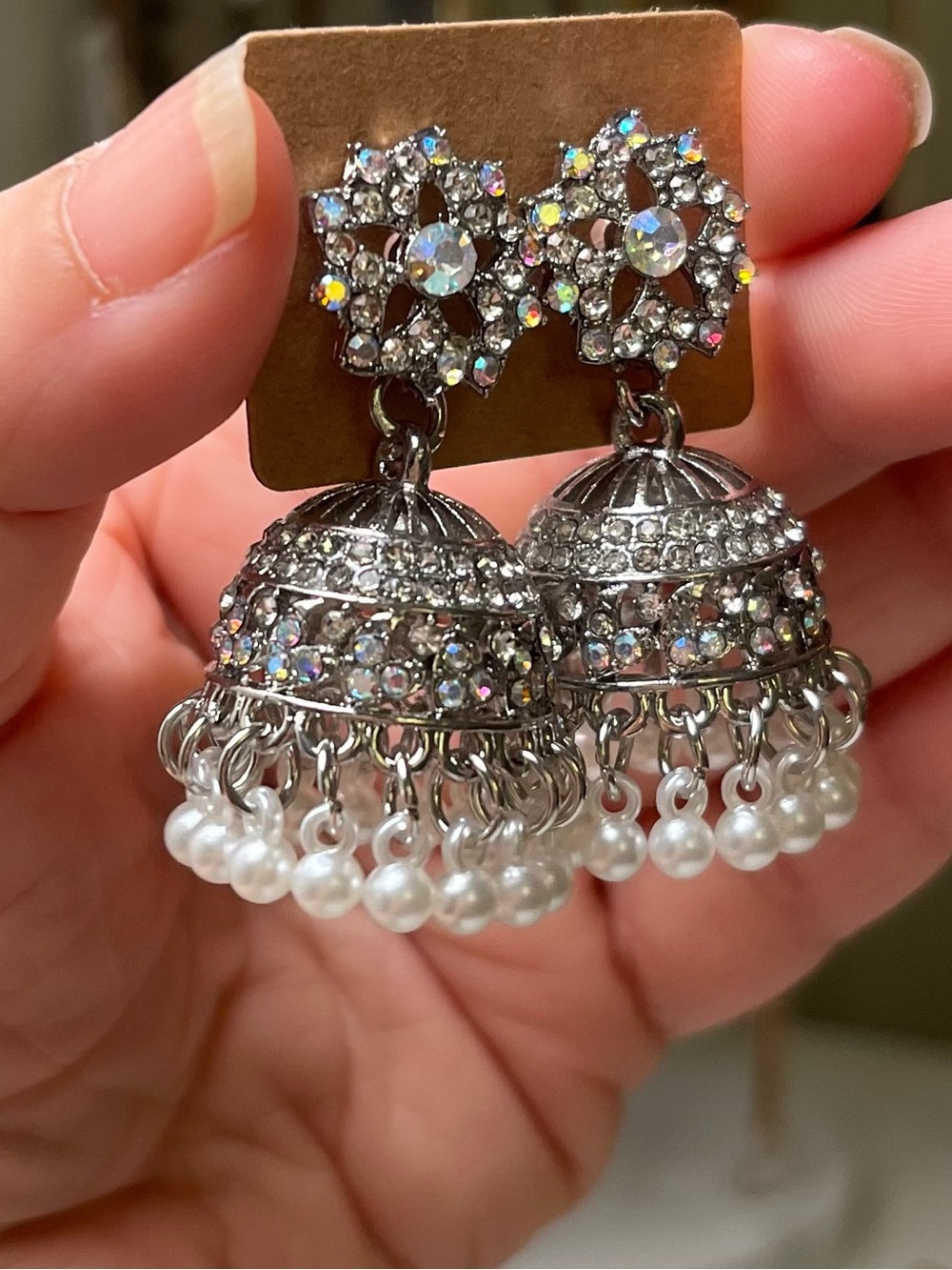 Silver Tone Crystal Faux Pearl Jhumka Earrings